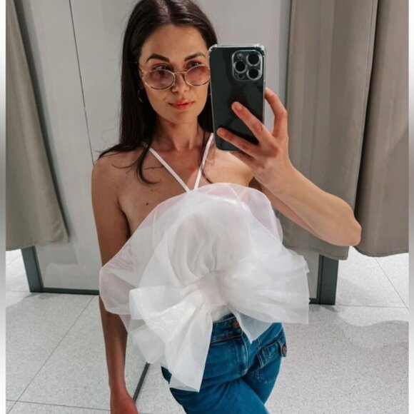 Zara Maxi Organza Fan Bodysuit Strappy Top White size S nwt - Picture 16 of 16